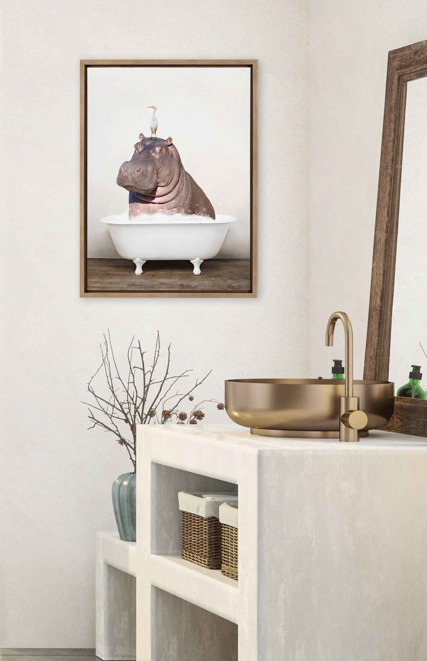 Hippo and Bird in Rustic Bath Framed Canvas Art