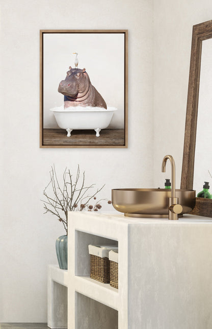 Hippo and Bird in Rustic Bath Framed Canvas Art
