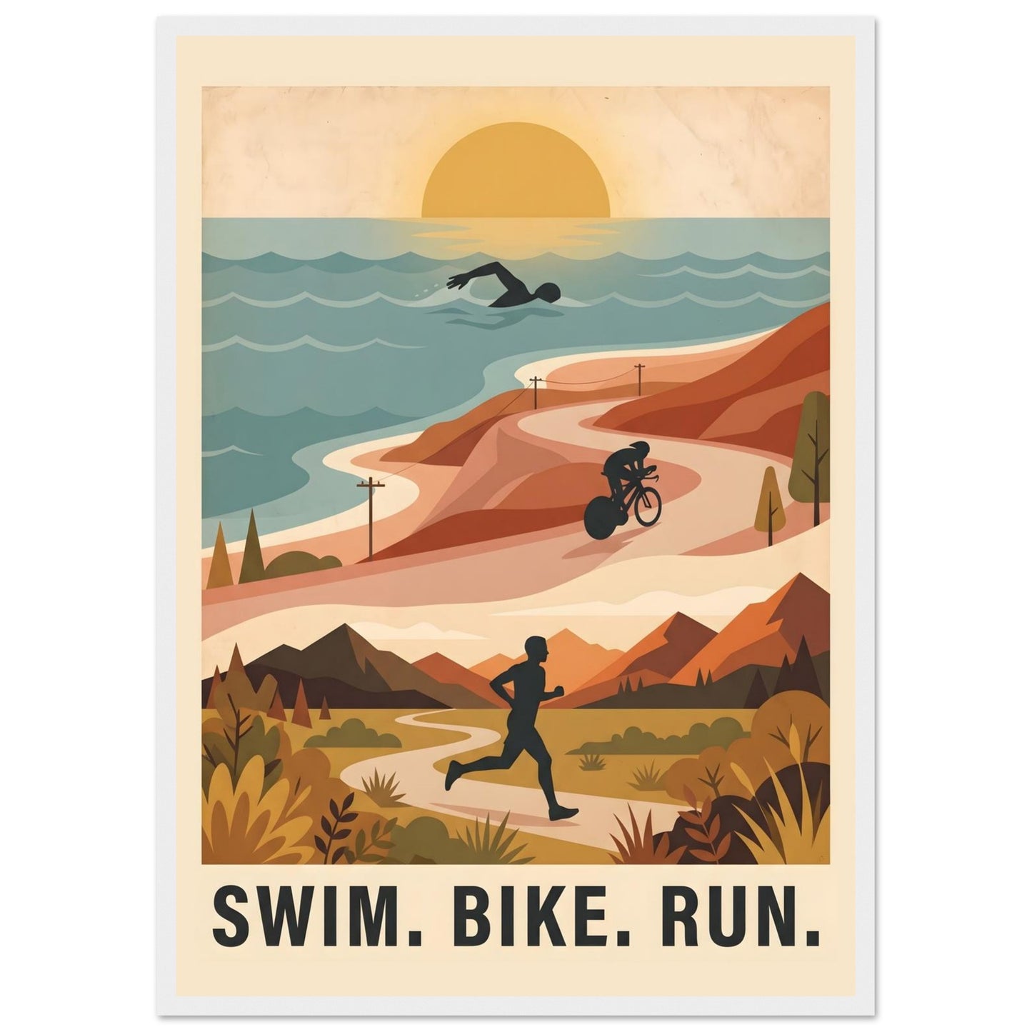 Triathlon Poster: Retro Swim Bike Run Framed Wall Art - A2 (42 x 59.4 cm) - White frame / Ready-to-hang - Sparkycare