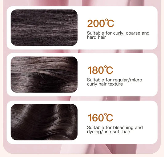 Wireless Hair Straightening Comb with temperature recommendations for different hair textures on a pink background.