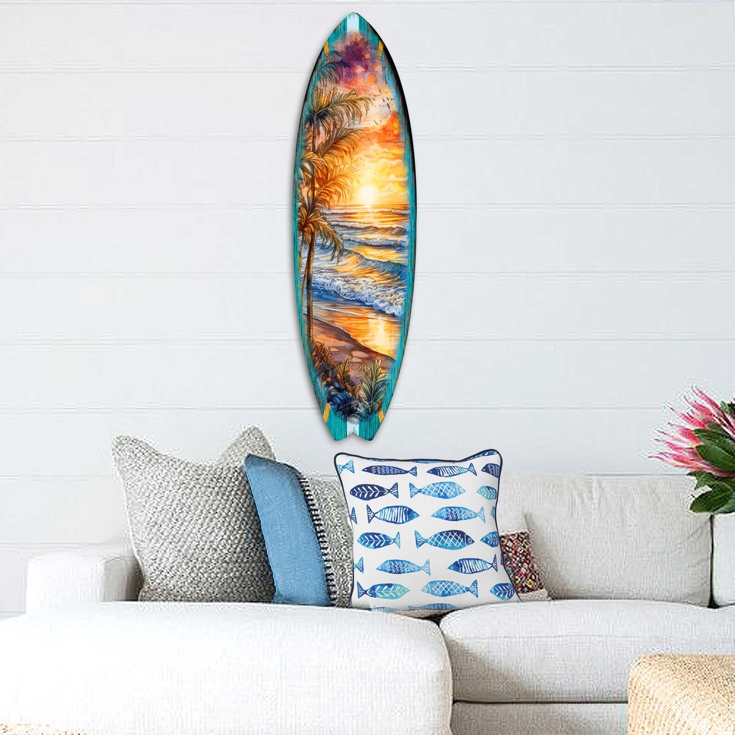 Golden Waves Surfboard Wood Wall Art, Coastal Decor