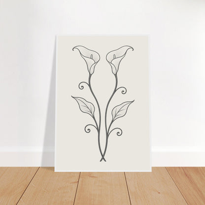 Calla lily wall art drawn like wrought ironwork in a white frame
