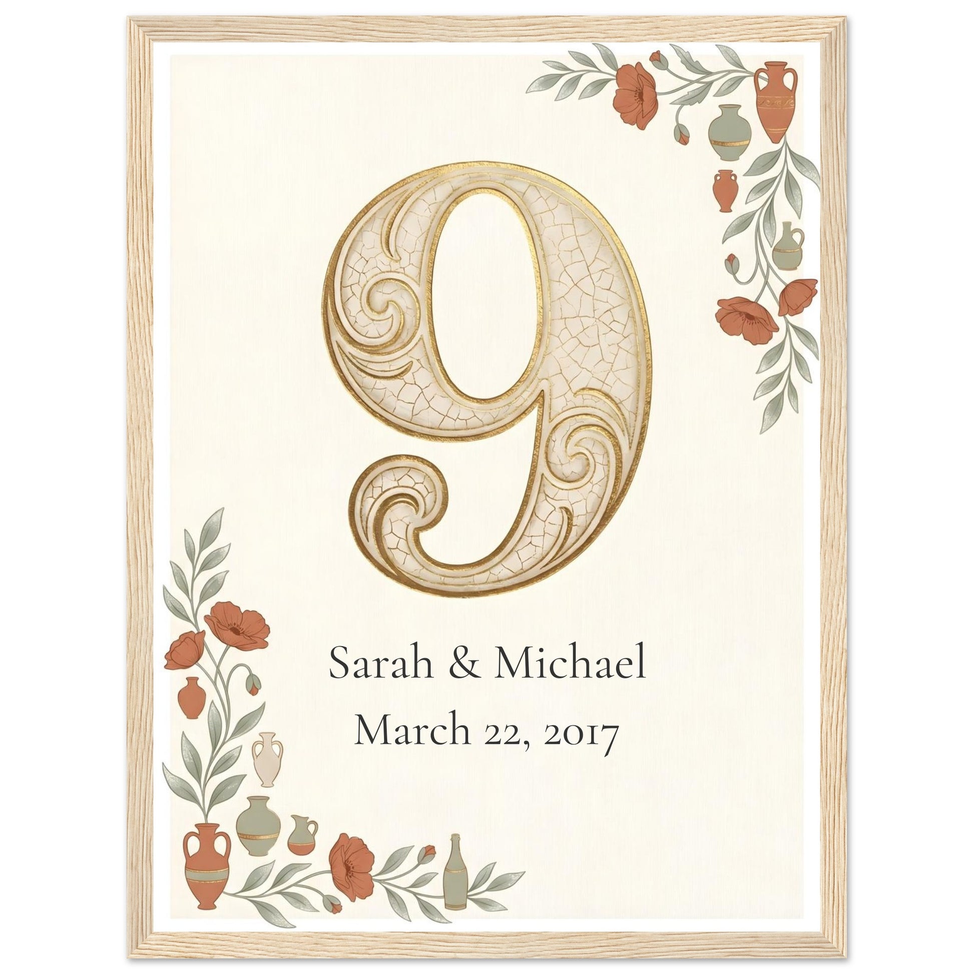 Personalized 9th Anniversary Wall Art - 30x40 cm / 12x16″ - Wood frame / Ready-to-hang - Sparkycare