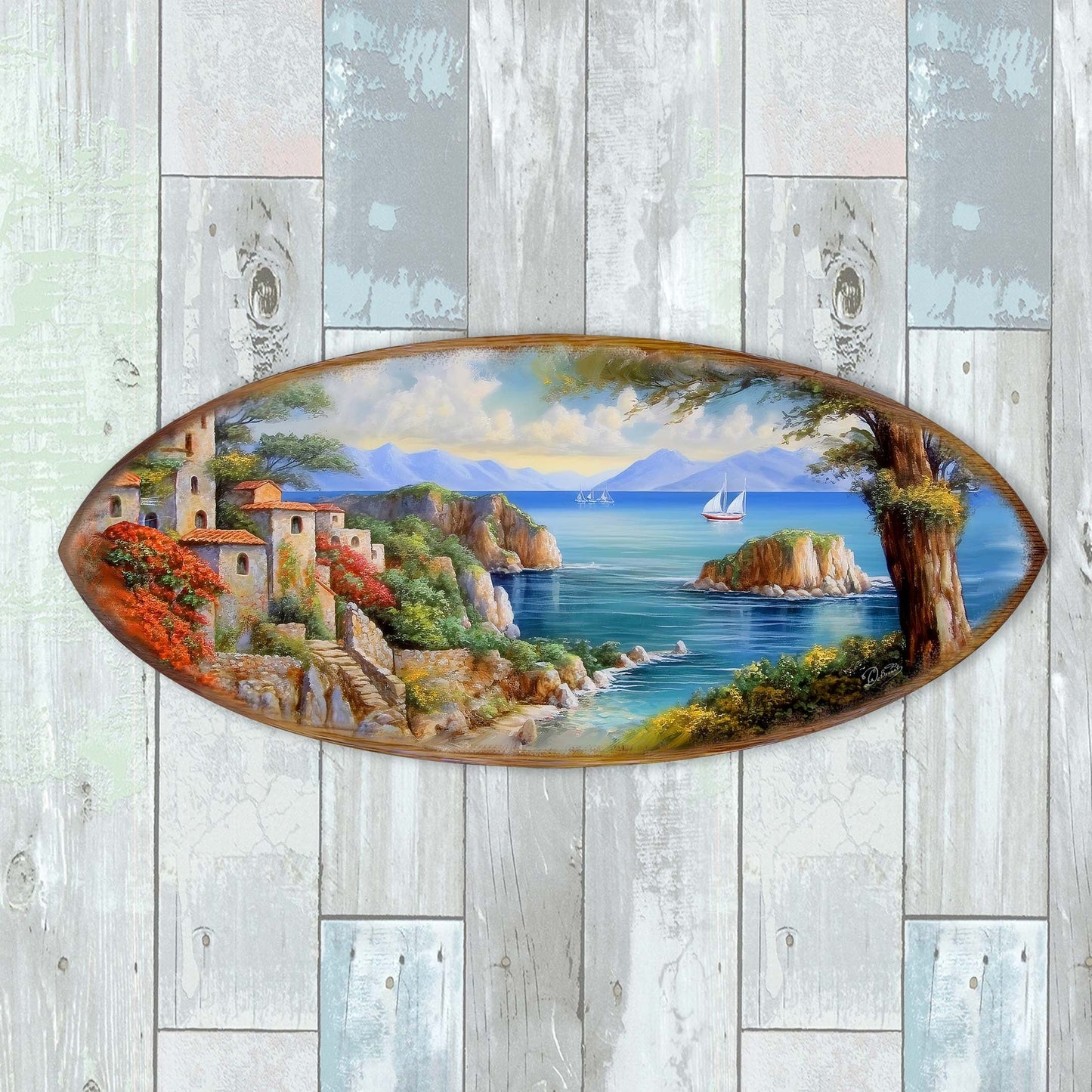 Coastal View Surfboard Wood Wall Art - Beach Decor