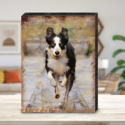 Running dog wood block wall art, handcrafted pet decor panel, ready to hang