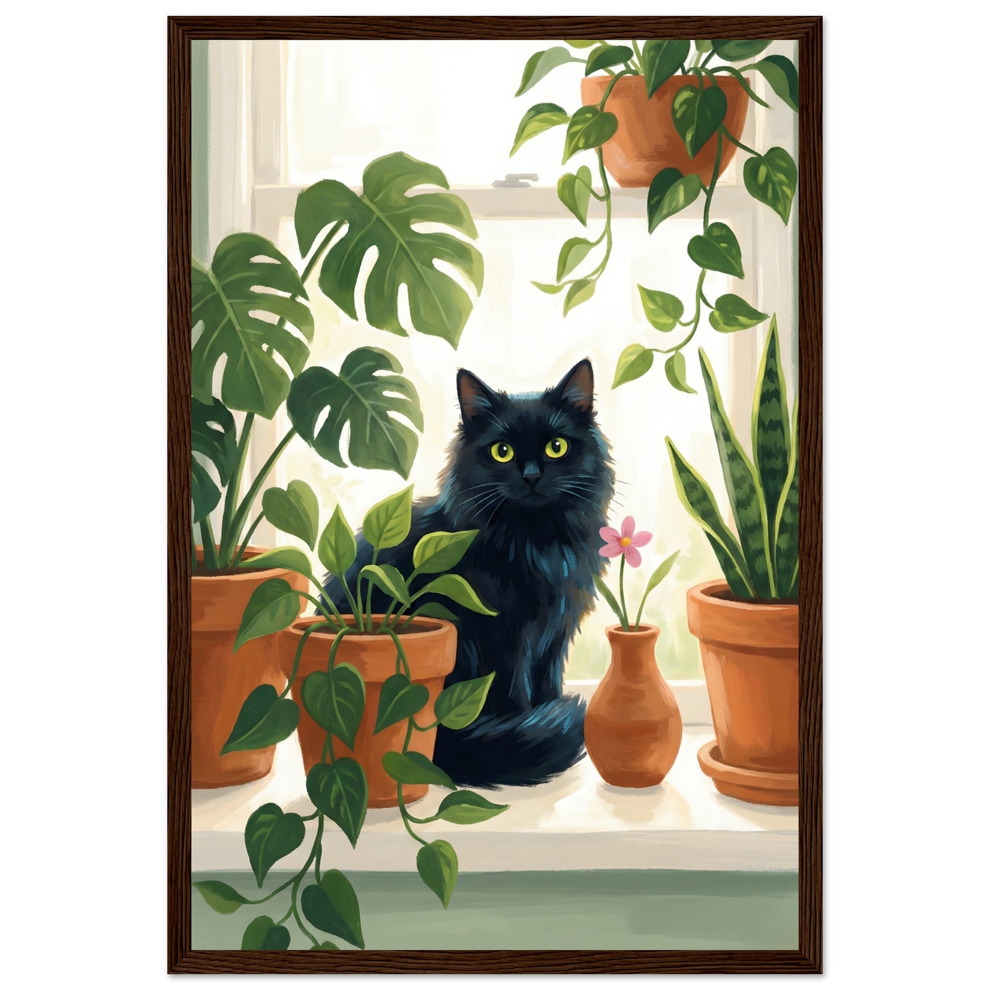 Plant Lover Wall Art - Cat & Houseplants Framed Poster - 20x25 cm / 8x10″ - White frame / Ready-to-hang - Sparkycare