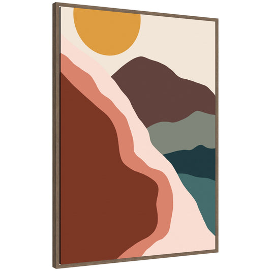 Move Mountains abstract framed canvas wall art in earthy tones with mustard sun