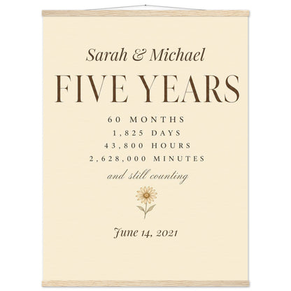 Personalized 5 Year Anniversary Print - 75x100 cm / 30x40″ / Museum-Quality Matte Paper Poster with Hanger - Natural wood wall hanger - Sparkycare