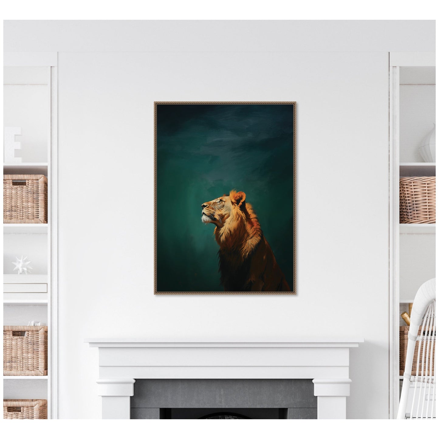 Lion on Tonal Blue Teal Abstract Framed Canvas Wall Art