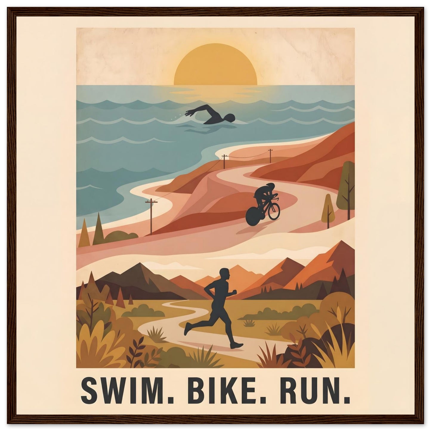 Triathlon Poster: Retro Swim Bike Run Framed Wall Art - 50x50 cm / 20x20″ - Dark wood frame / Ready-to-hang - Sparkycare