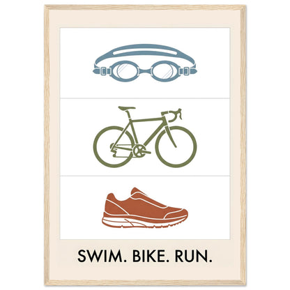 Swim Bike Run Poster: Minimalist Triathlon Icons Wall Art - A2 (42 x 59.4 cm) - Wood frame / Ready-to-hang - Sparkycare