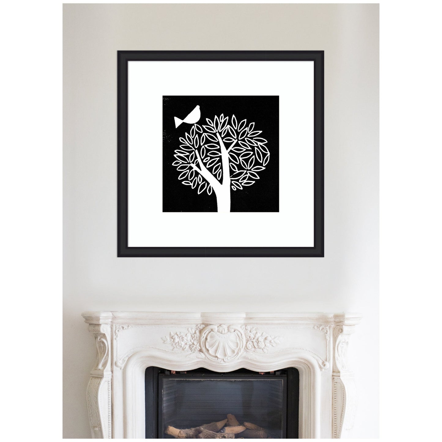 Black and White Bird Tree Linocut Framed Wall Art Print