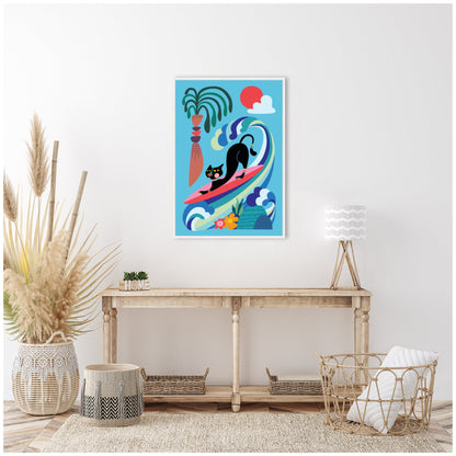 Whimsical Ocean Surf Cat Framed Canvas Wall Art