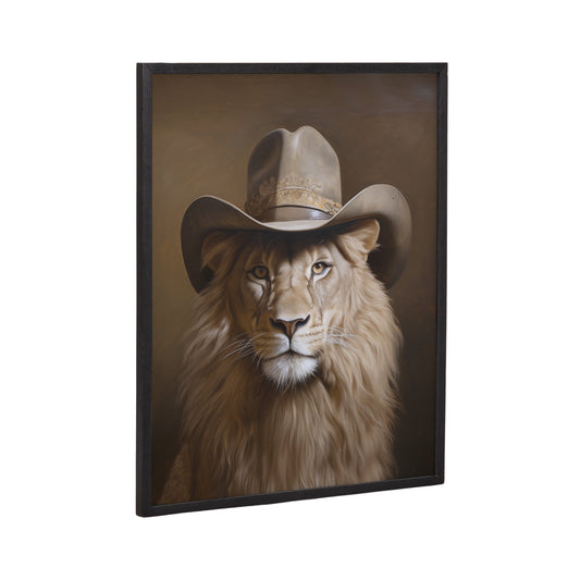Funny lion wearing a western cowboy hat framed wall art print