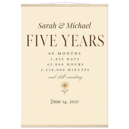 Personalized 5 Year Anniversary Print - A0 (84.1 x 118.9 cm) / Museum-Quality Matte Paper Poster with Hanger - Natural wood wall hanger - Sparkycare