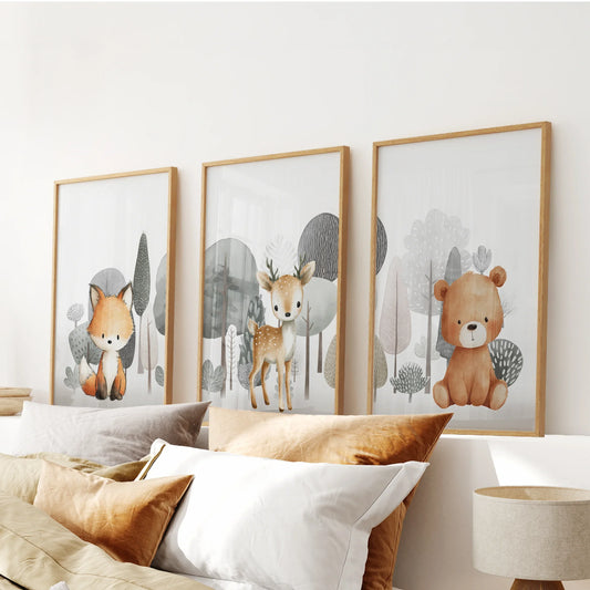 Woodland animal nursery wall art fox fawn bear set of 3