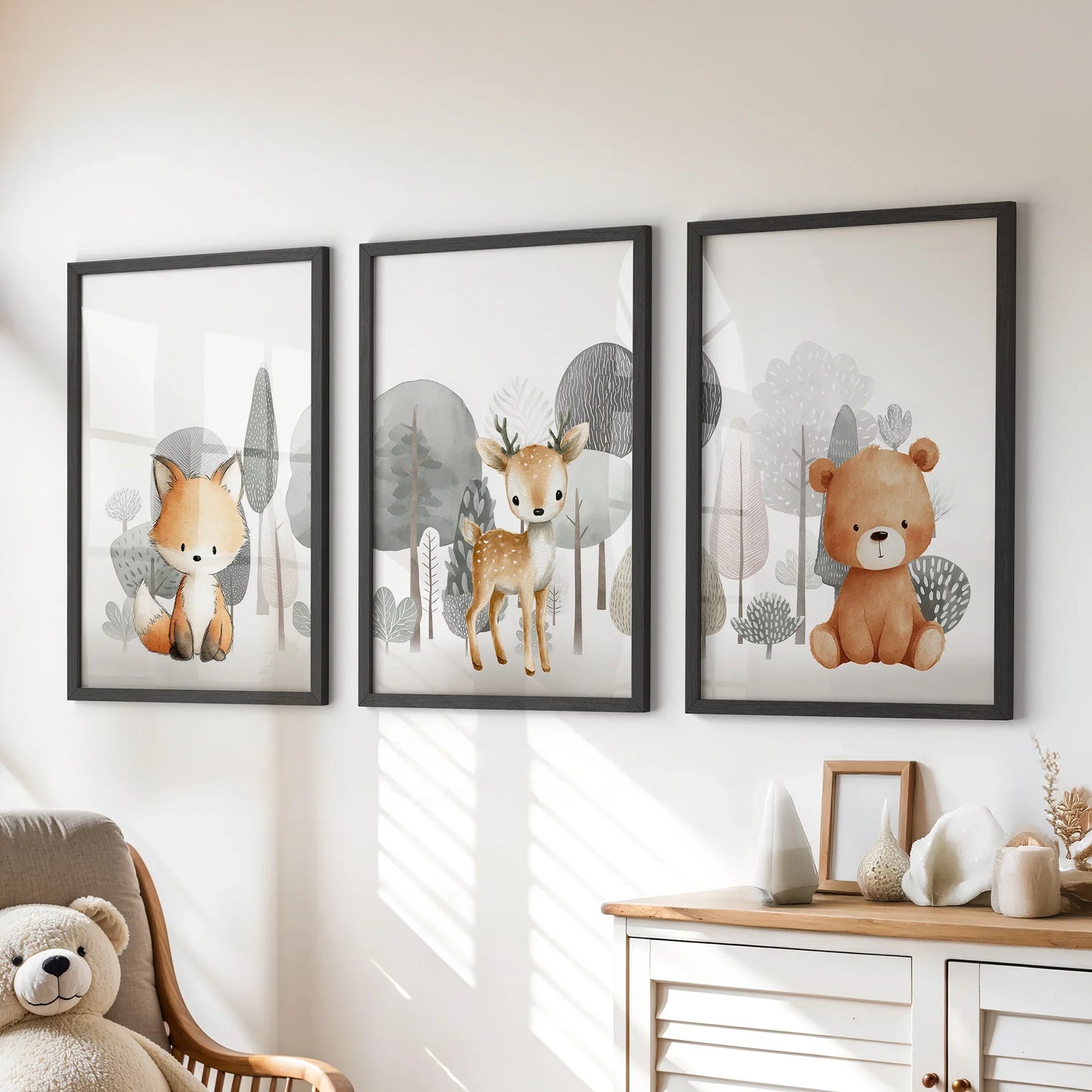 Woodland Animal Nursery Wall Art, Fox Fawn Bear Set of 3