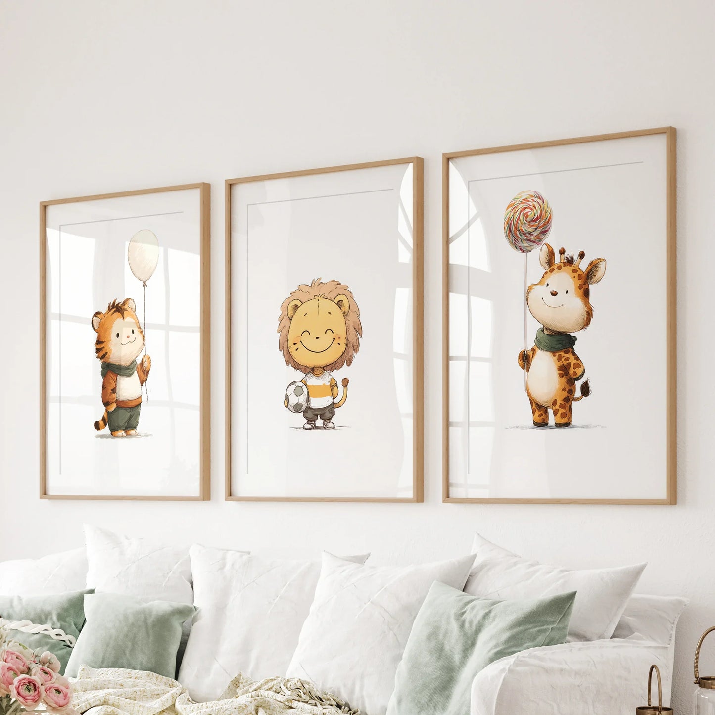 Woodland Jungle Nursery Wall Art Set of 3 - Lion, Giraffe, Tiger