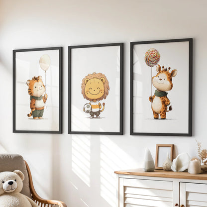 Woodland Jungle Nursery Wall Art Set of 3 - Lion, Giraffe, Tiger