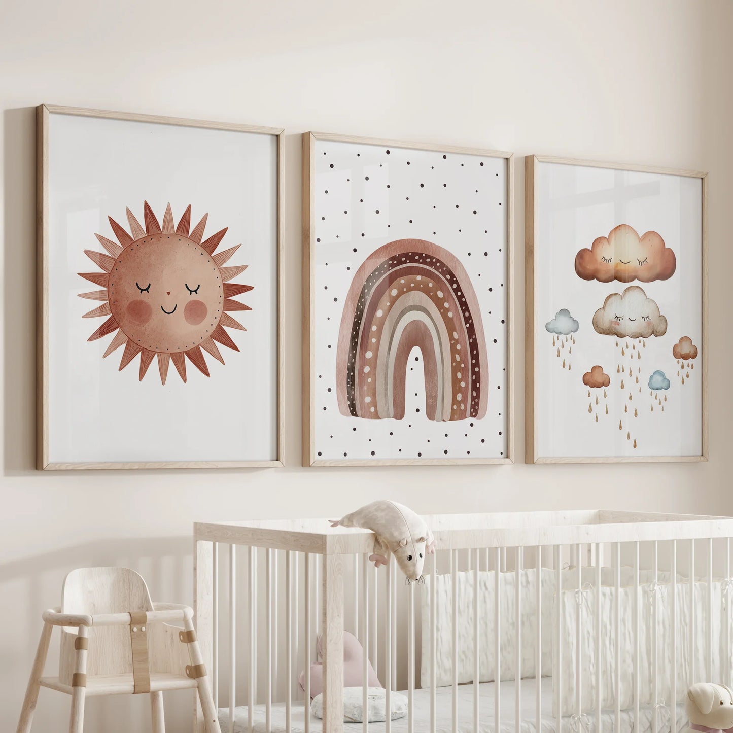 Set of 3 minimalist earthy rainbow baby room wall art prints