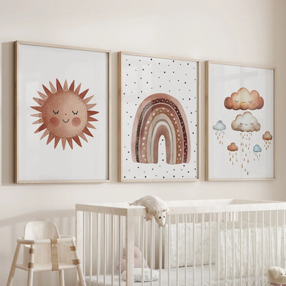 Set of 3 minimalist earthy rainbow baby room wall art prints