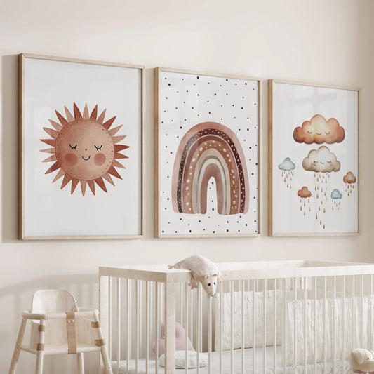 Set of 3 minimalist earthy rainbow baby room wall art prints