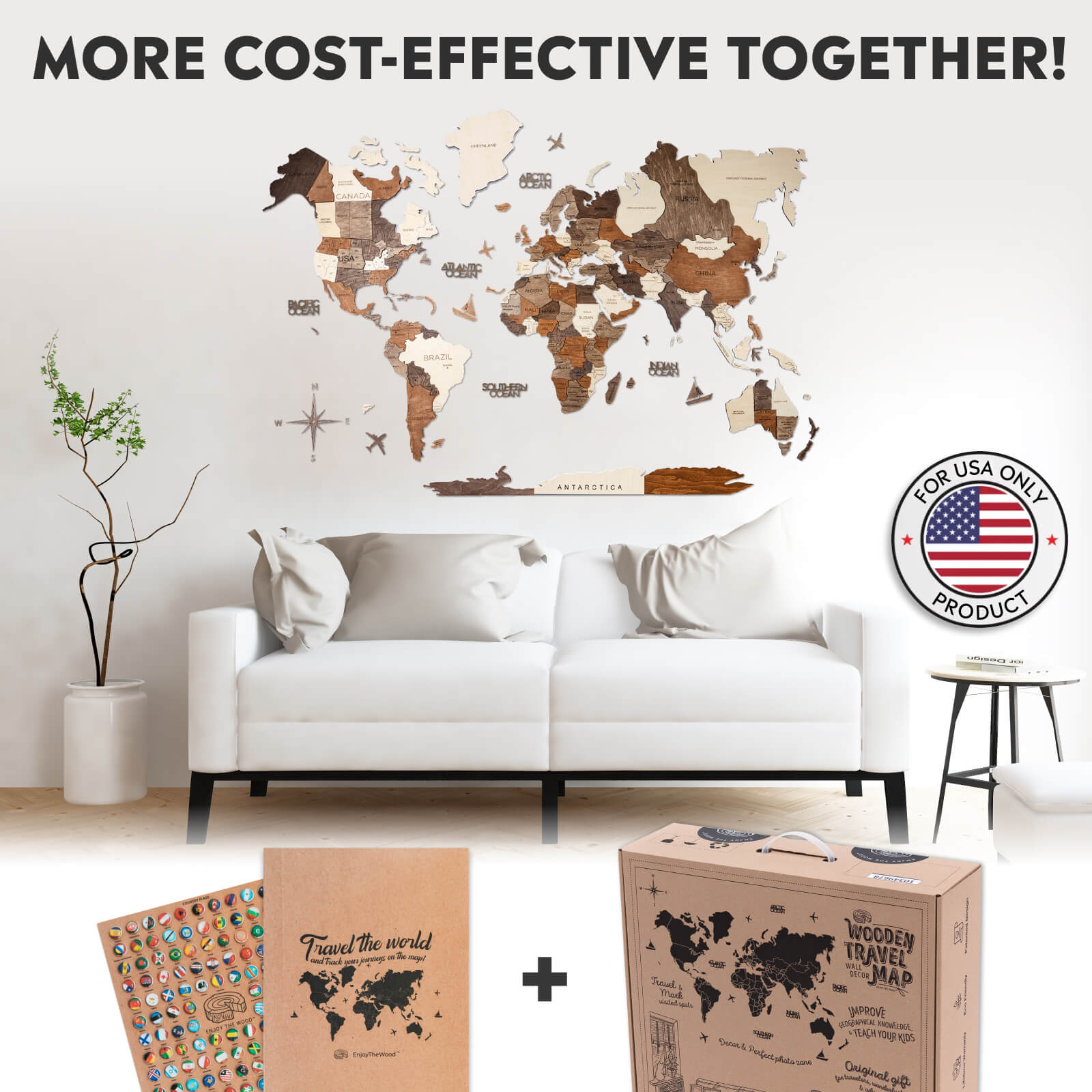 3D wooden world map wall art with flag pins on a wall