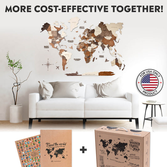 3D wooden world map wall art with flag pins on a wall