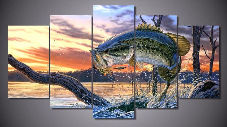 Bass fishing five-piece gallery-wrapped canvas wall art set