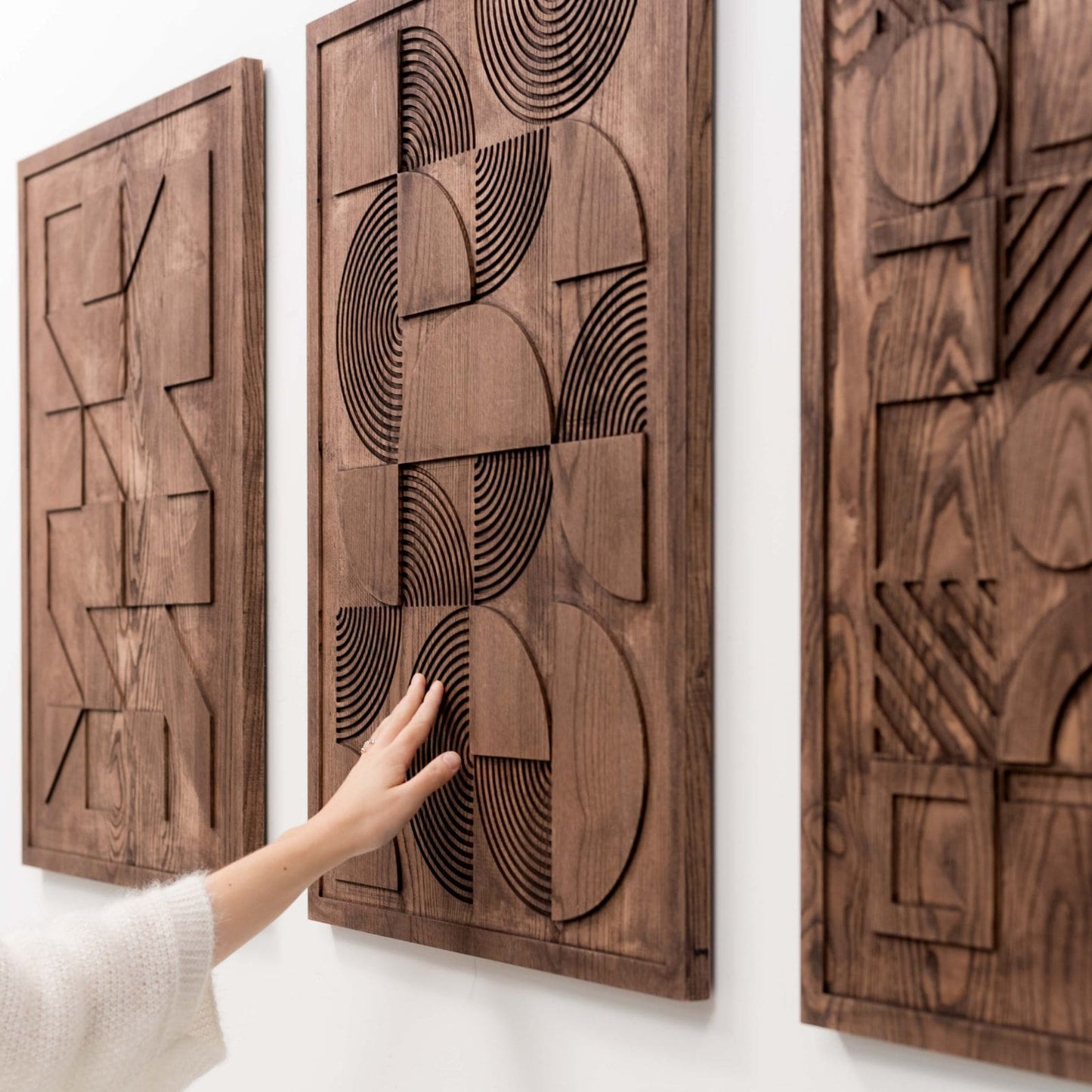 Bauhaus wood wall art panel, solid finish, on a wall