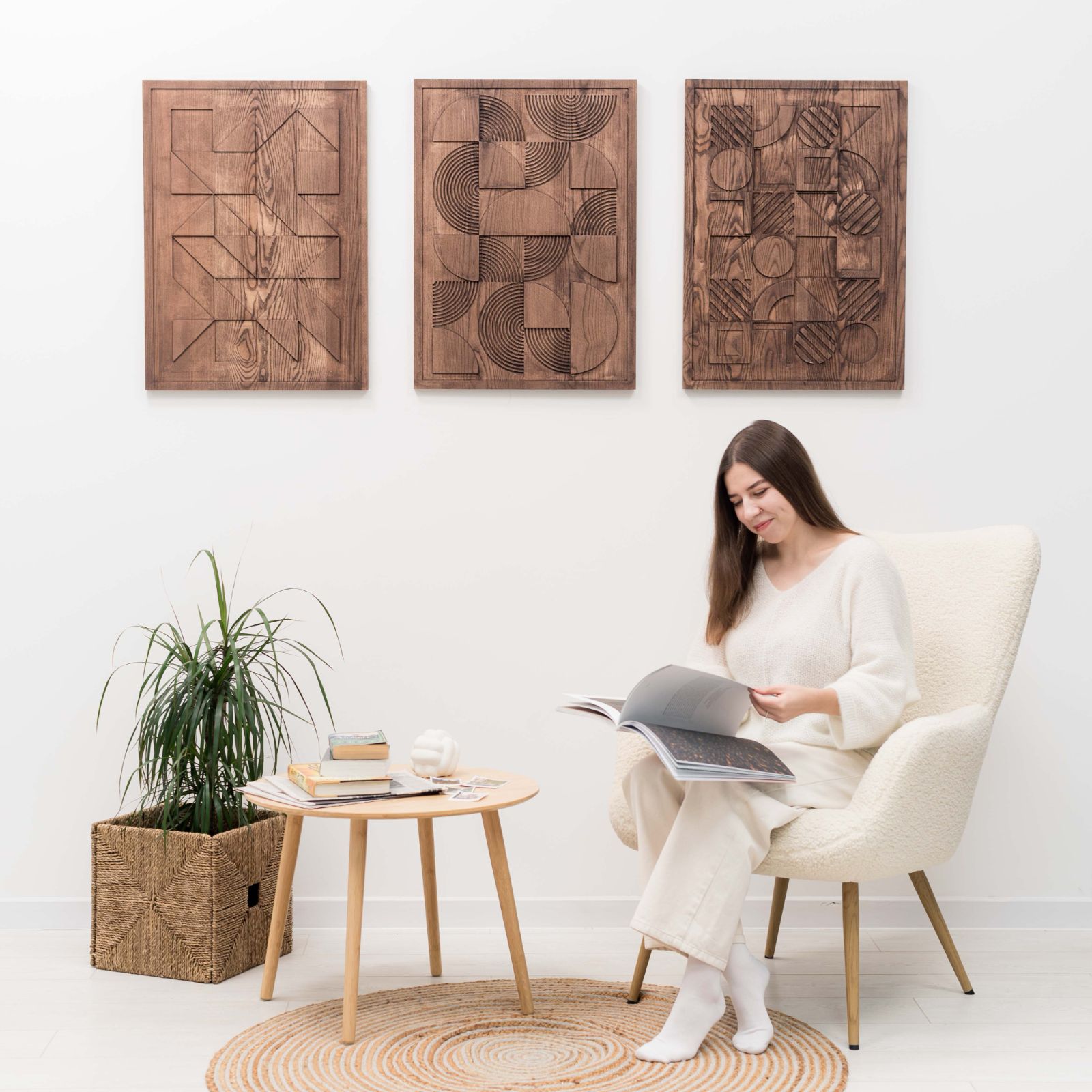 Bauhaus wood wall art panel, geometric design, on a wall