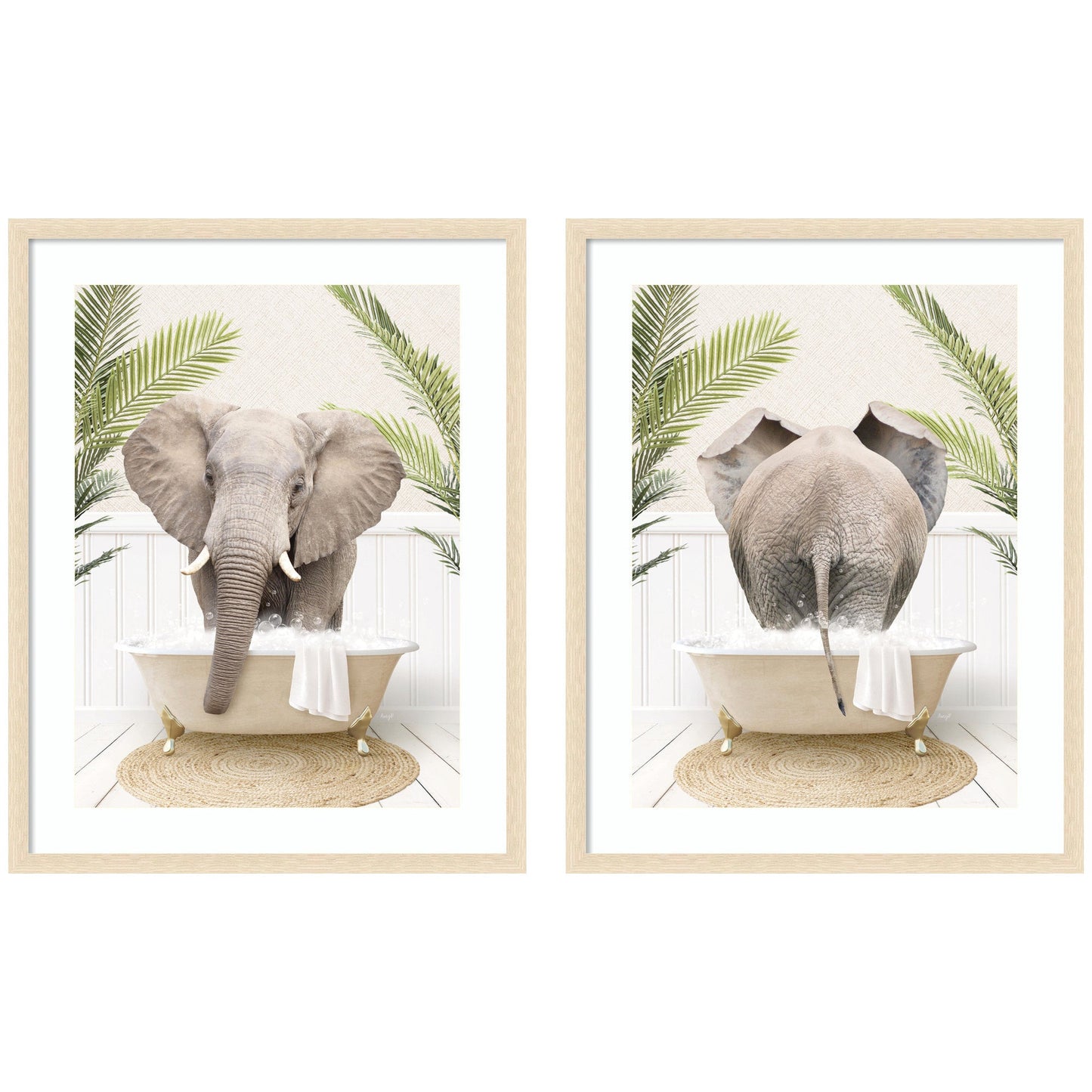 Elephant in Palm Bathtub 2 Piece Framed Wall Art Set