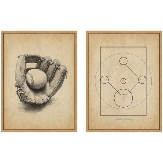 Vintage Baseball 2 Piece Framed Canvas Wall Art Set by The Creative Bunch Studio