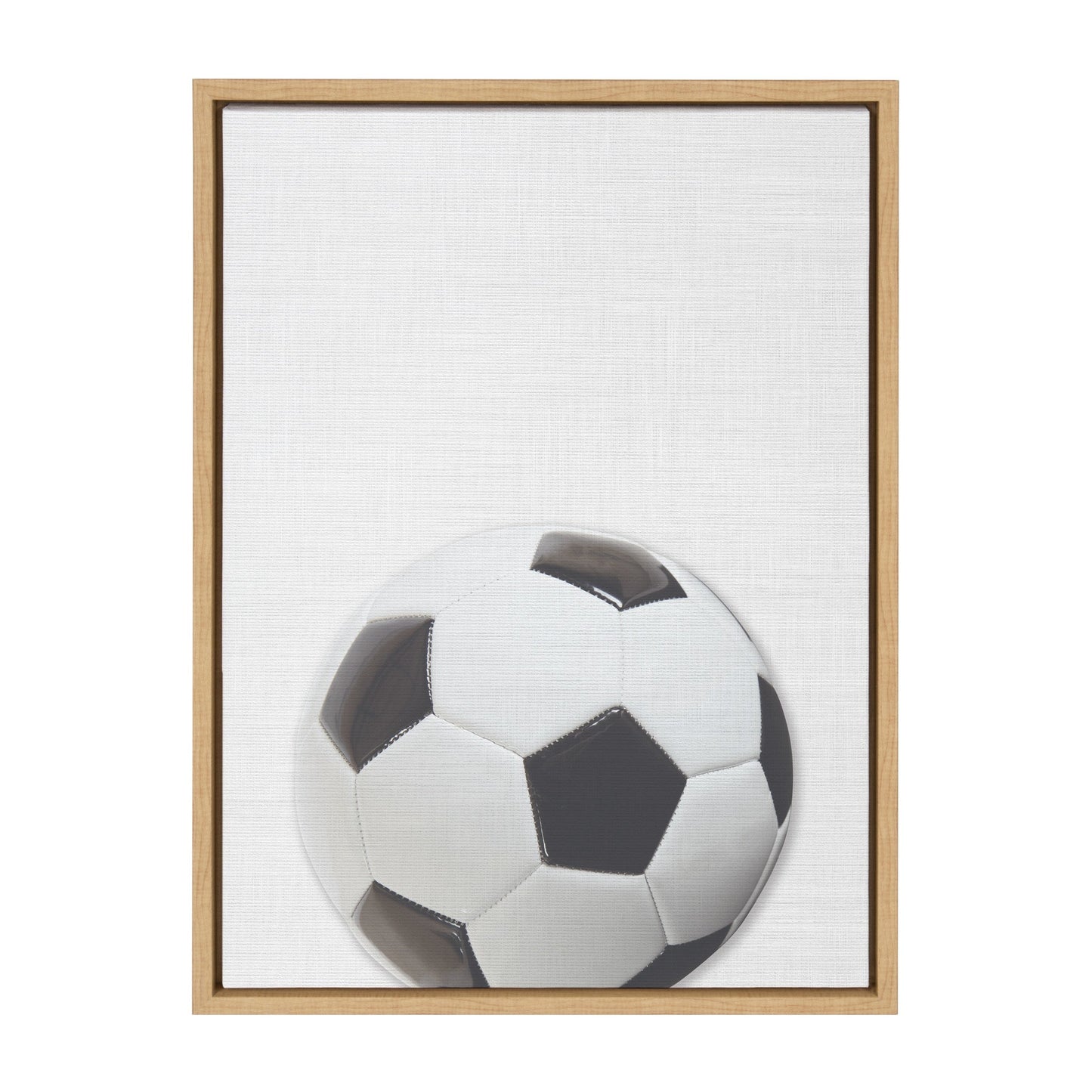 Colorful soccer ball framed canvas wall art in natural wood frame, easy to hang