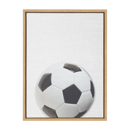 Colorful soccer ball framed canvas wall art in natural wood frame, easy to hang