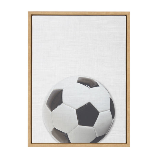 Colorful soccer ball framed canvas wall art in natural wood frame, easy to hang