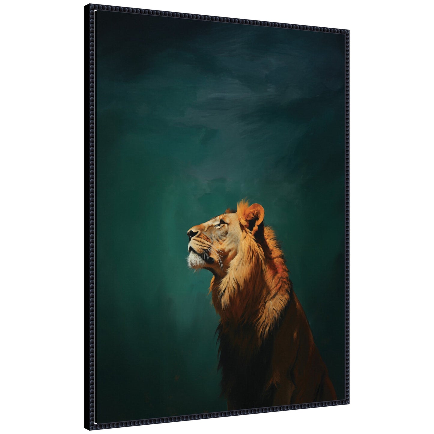 Lion on tonal blue teal green abstract framed canvas wall art