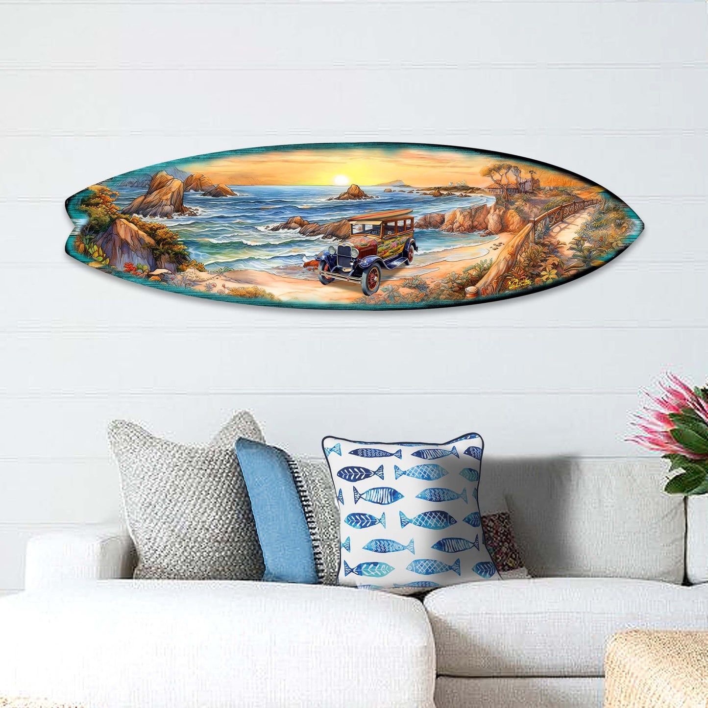 Handcrafted wood beach sunrise surfboard coastal wall art