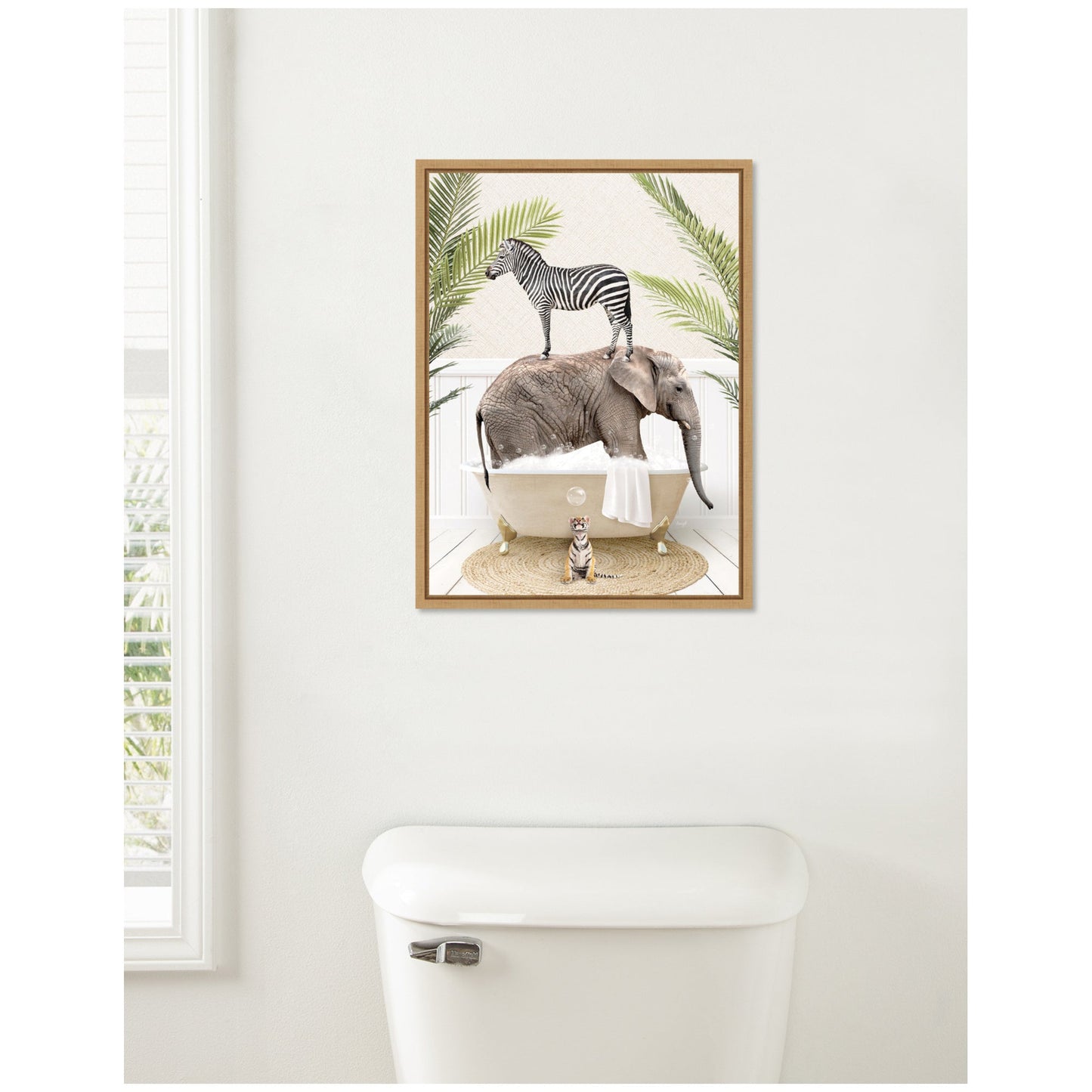 Safari Animals in Palm Bath Framed Canvas Wall Art