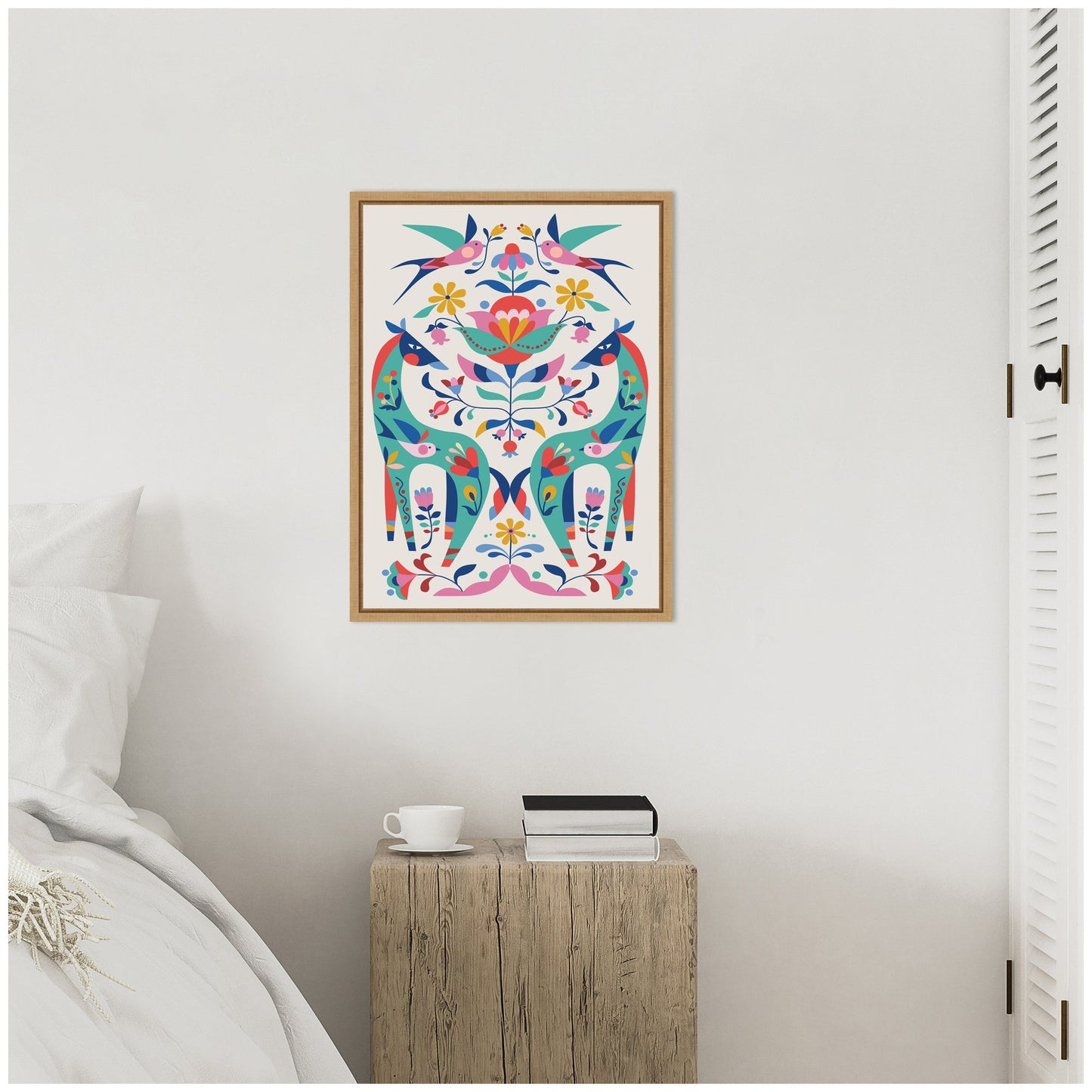 Folk Art Horses and Birds Framed Canvas Wall Art