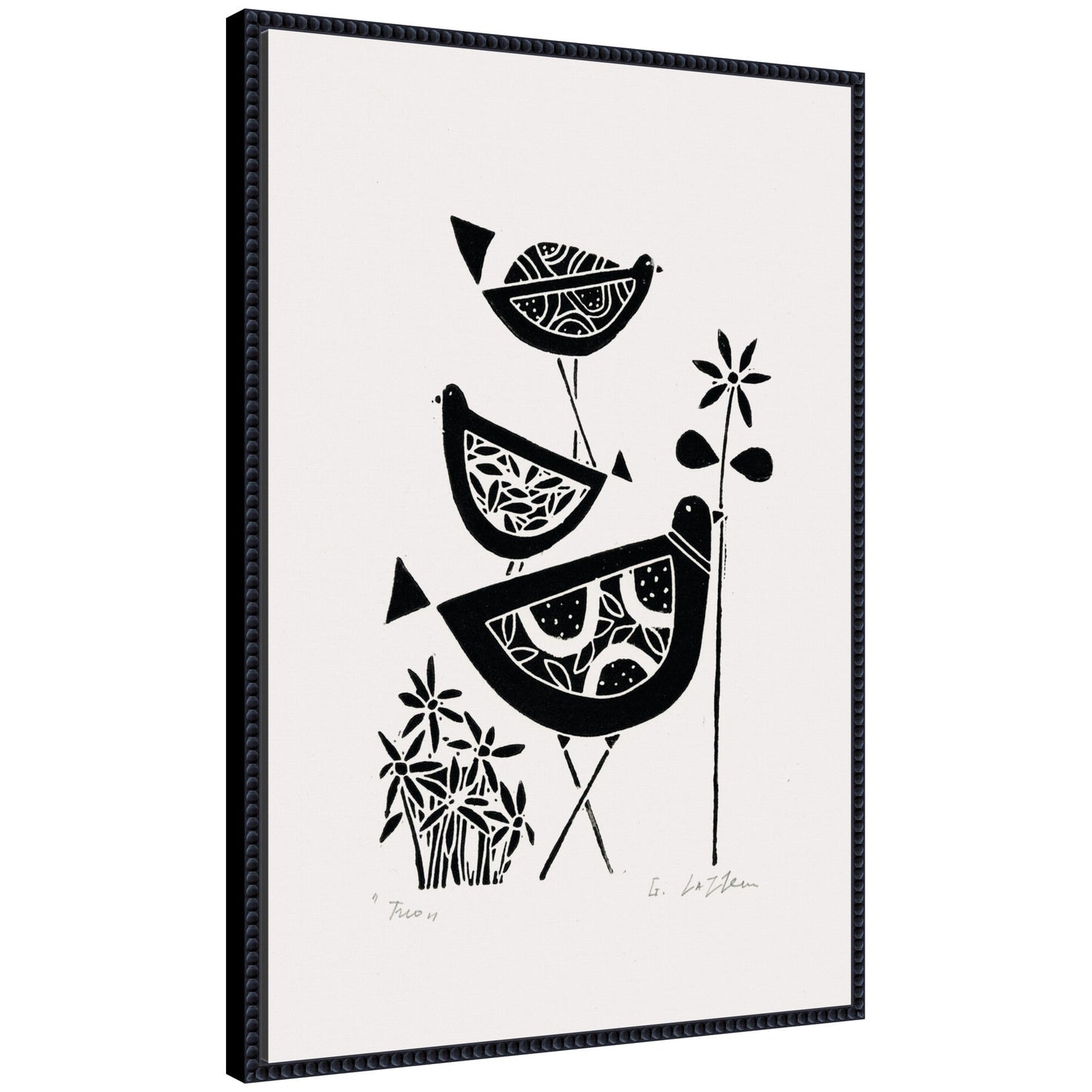 Folk bird family trio linocut framed canvas wall art