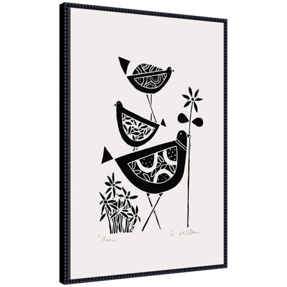 Folk bird family trio linocut framed canvas wall art
