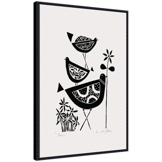 Folk bird family trio linocut framed canvas wall art
