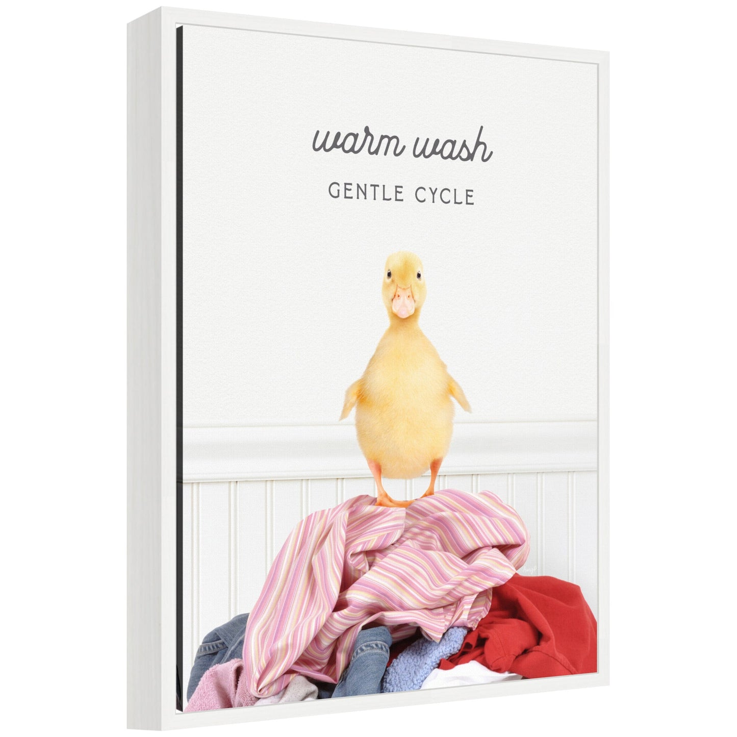 Humorous ducky gentle cycle laundry-themed framed canvas wall art, easy to hang
