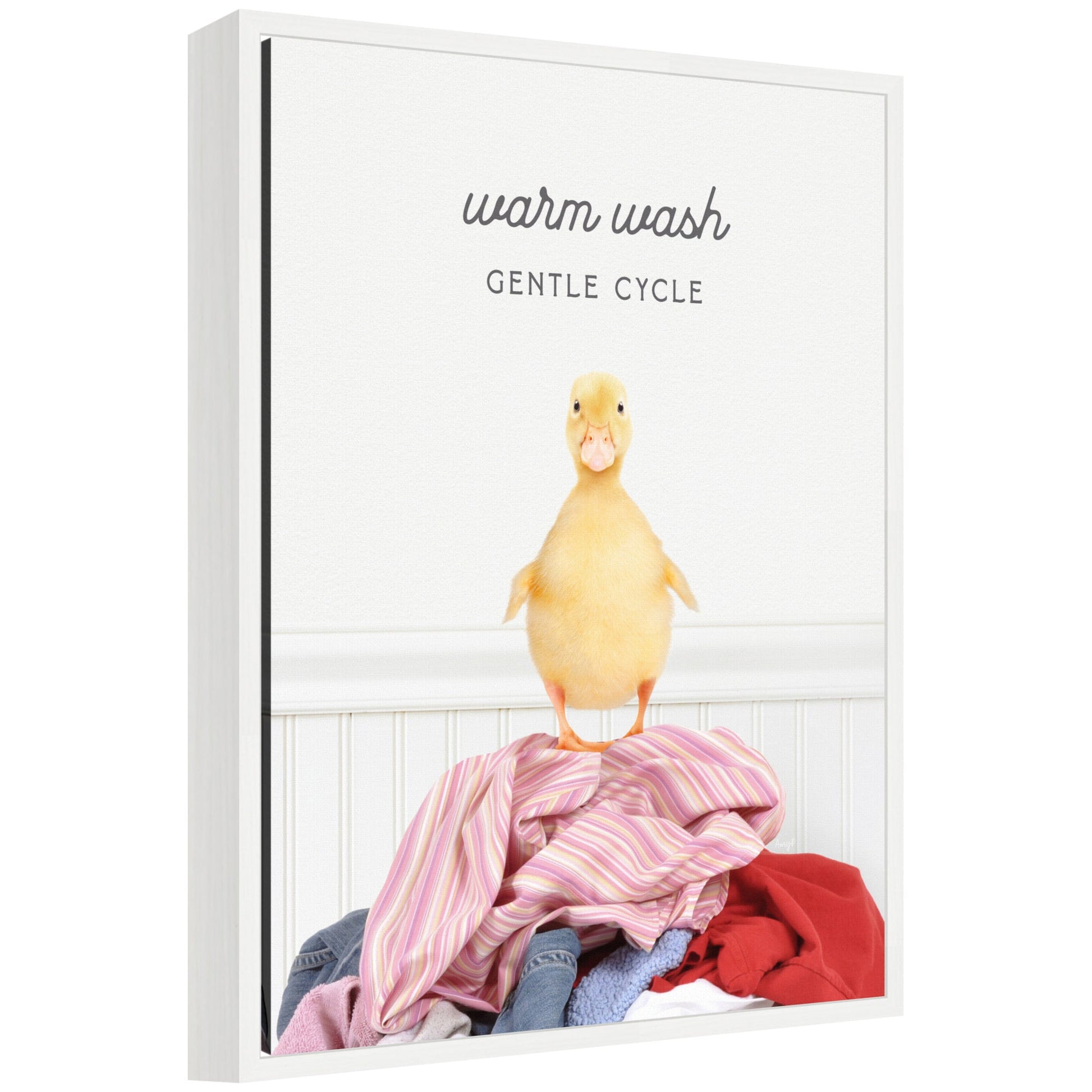 Humorous ducky gentle cycle laundry-themed framed canvas wall art, easy to hang