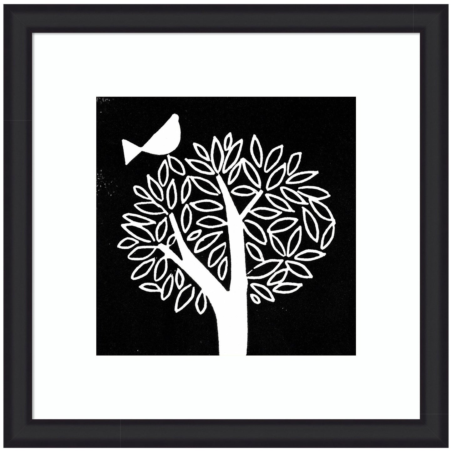 Black and White Bird Tree Linocut Framed Wall Art Print