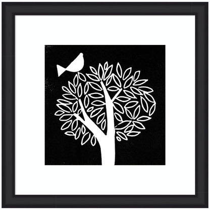Black and White Bird Tree Linocut Framed Wall Art Print
