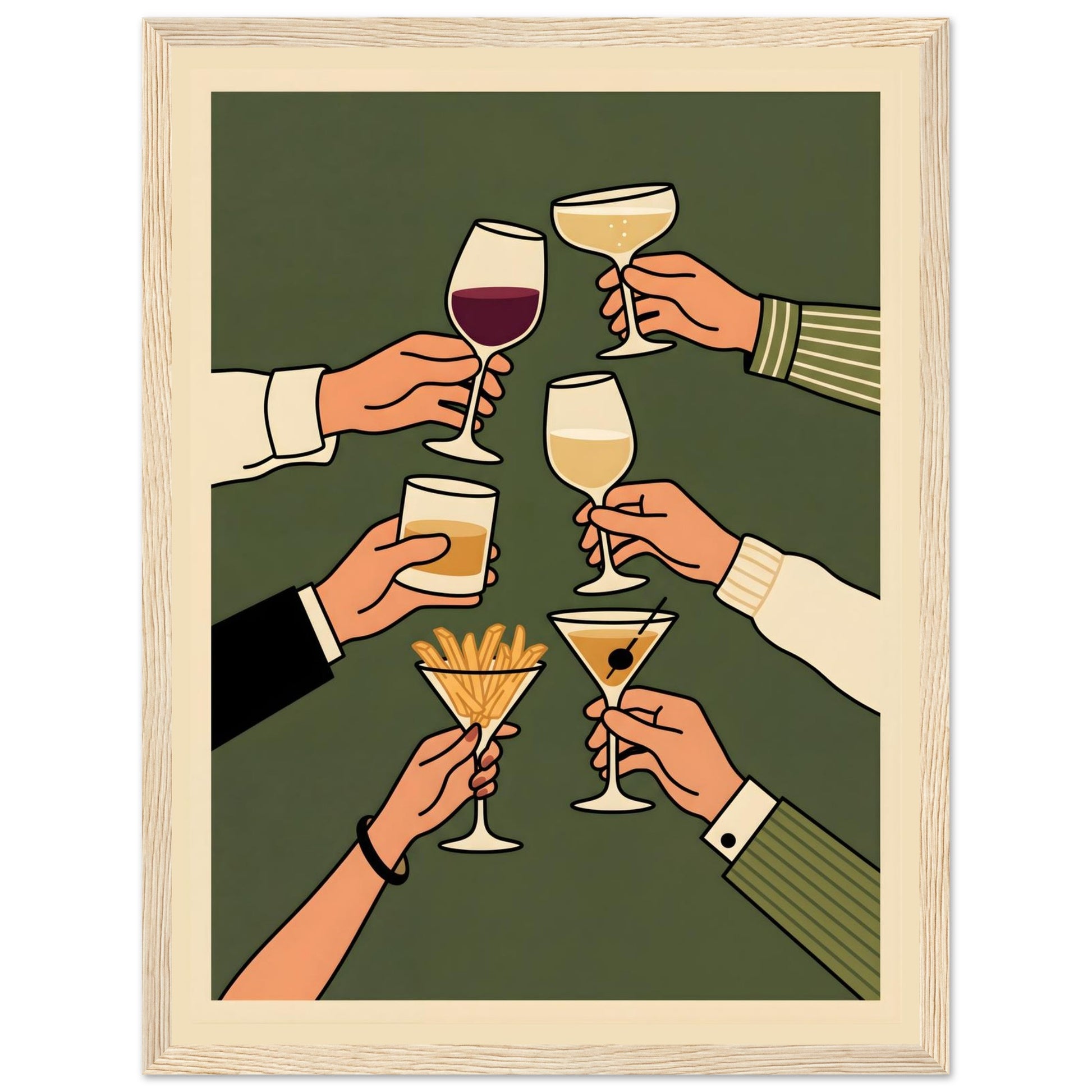 Retro Cheers Cocktail Toast Wall Art, Framed Bar Decor - 20x25 cm / 8x10″ - White frame / Ready-to-hang - Sparkycare