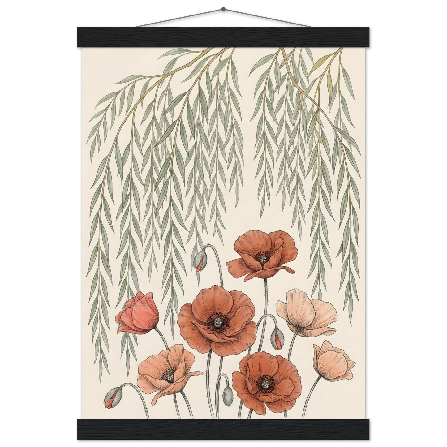 Willow Tree and Poppy Botanical 9th Anniversary Wall Art - A3 (29.7 x 42 cm) / Museum-Quality Matte Paper Poster with Hanger - Black wall hanger - Sparkycare