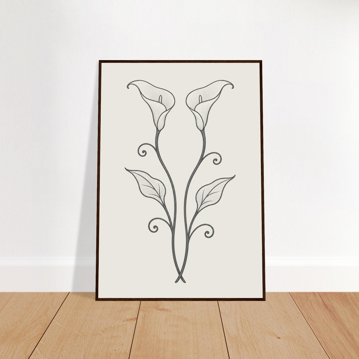 Calla lily wall art drawn like wrought ironwork in a dark wood frame